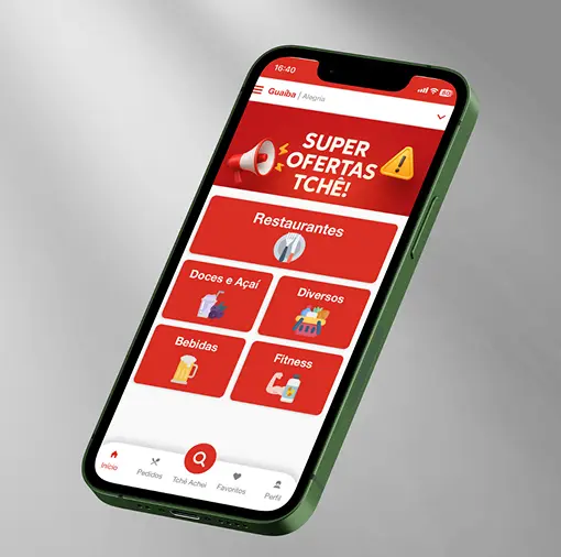 Smartphone exibindo o aplicativo Tchê Delivery para pedidos de delivery